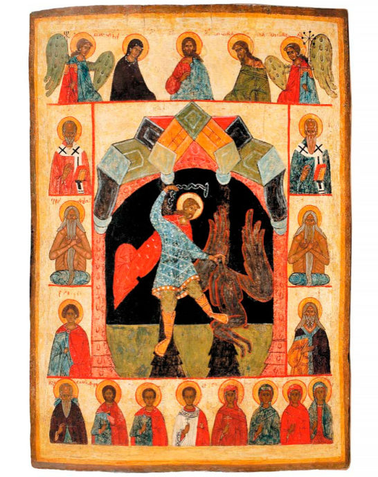 Великомученик Никита, побивающий беса, с Деисусом и избранными святыми